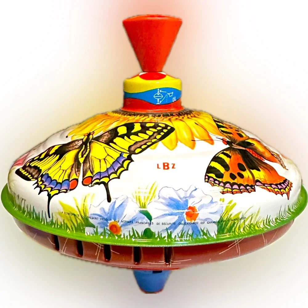 VTG RARE LBZ LORENZ BOLZ ZINDORF TIN TOP FLOWER BUTTERFLY W GERMANY BOLZ TOYS 8”